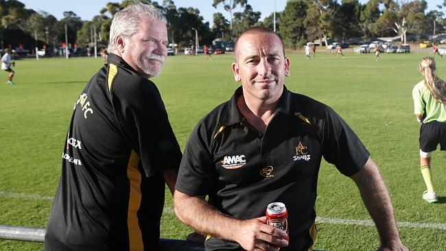 Supporter Trevor McKee and Aldinga Sharks club president Danny Wilde. Picture: Calum Robertson