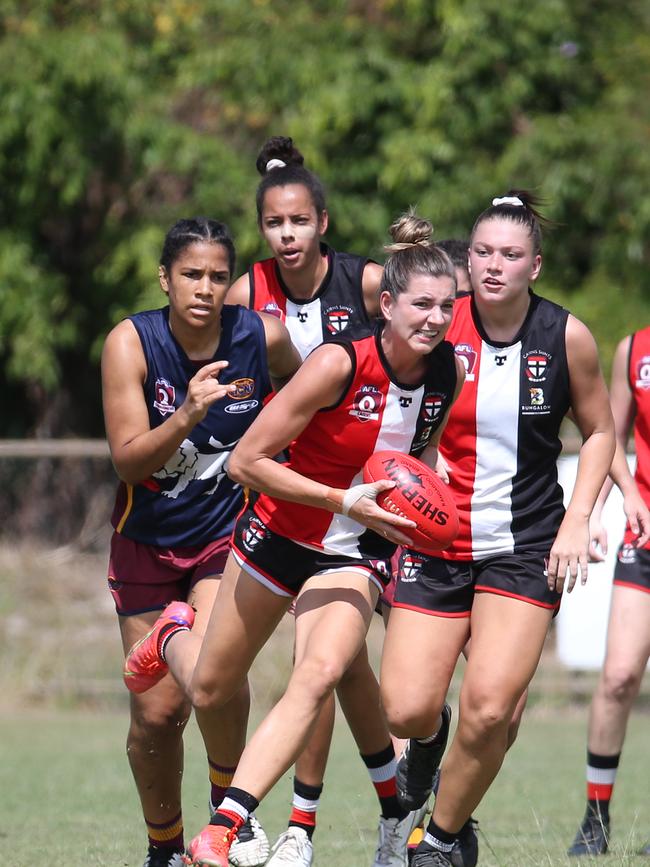 Akayla Peterson returned for the Saints in the AFL Cairns Women's match between the Cairns Saints and the Cairns City Lions, held at Griffiths Park, after playing for Carlton in the Women's VFL competition. Picture: Brendan Radke