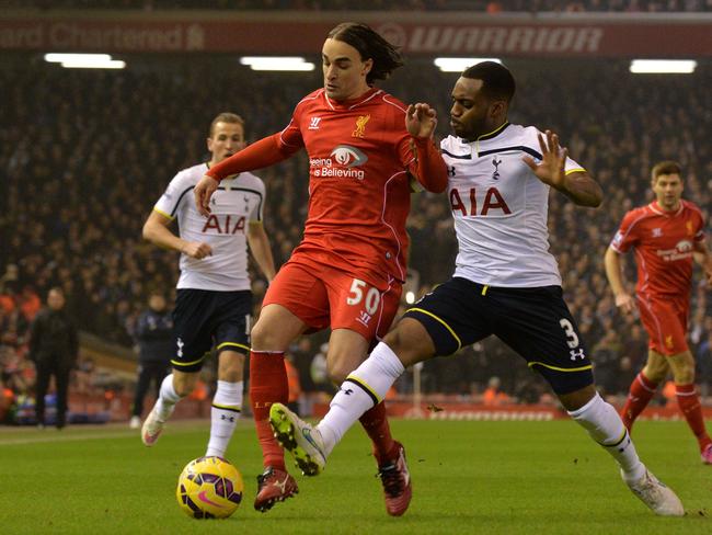 Tottenham Hotspur's English defender Danny Rose (R) cuts across to try to tackle Liverpool's Serbian midfielder Lazar Markovic (L). Picture: AFP