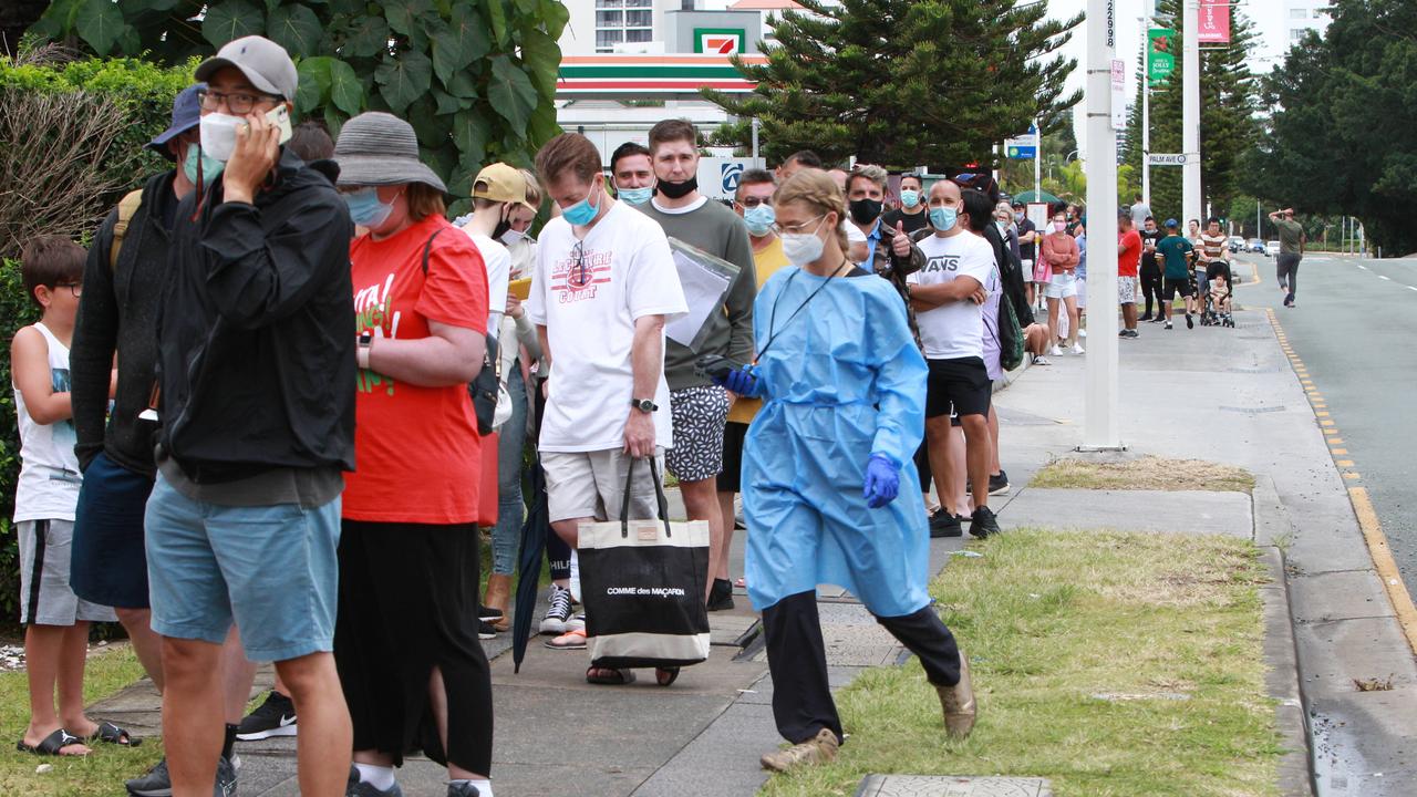 Long queues of people at the Travellers Covid testing centre in Surfers Paradise. Picture: Mike Batterham