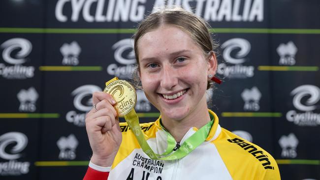 Ella Sibley after winning the 2019 Cycling Australia Track National Championships. Picture: Con Chronis