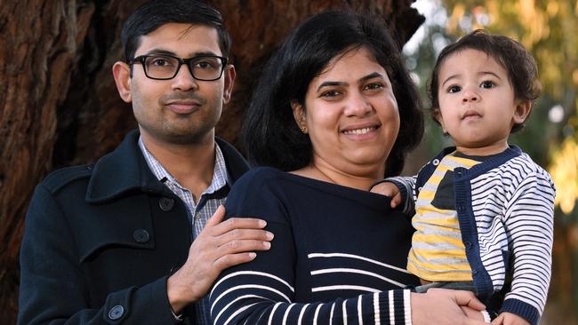 Mohan Kumar and Nethra Krishnamurthy with their son Hari, 1, were victims of Bourke St rampage. Picture: Kylie Else