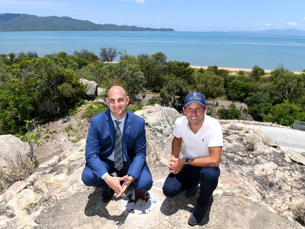 Giovanni Spinella and Mark Tonge show off the view from Centurion Global’s Magnetic View Estate at Pallarenda. Picture: Shae Beplate.