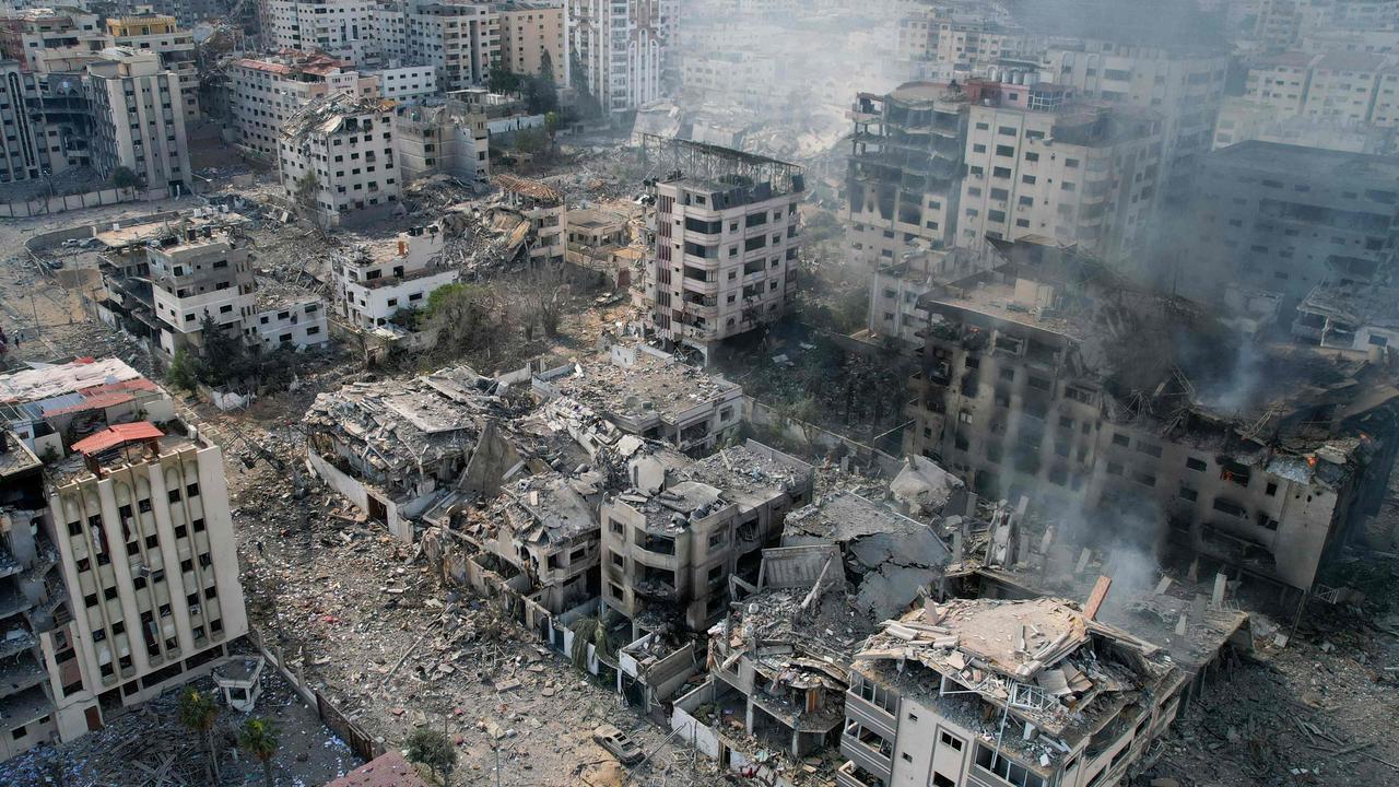 This aerial photo show heavily damaged buildings following Israeli air strikes in Gaza City on October 10, 2023. Picture: AFP