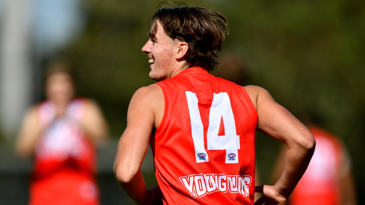 MELBOURNE, AUSTRALIA - APRIL 28: Will McLachlan of the Young Guns celebrates kicking a goal during the 2024 Young Guns Series match between the Young Guns and the Victoria Country U18 Boys at Highgate Recreation Centre on April 28, 2024 in Melbourne, Australia. (Photo by Josh Chadwick/AFL Photos)