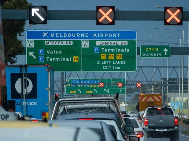 Sunbury rd is closed due to flooding along with the main arterial into Tullamarine Airport Melbourne causing traffic Chaos. Picture: Jason Edwards