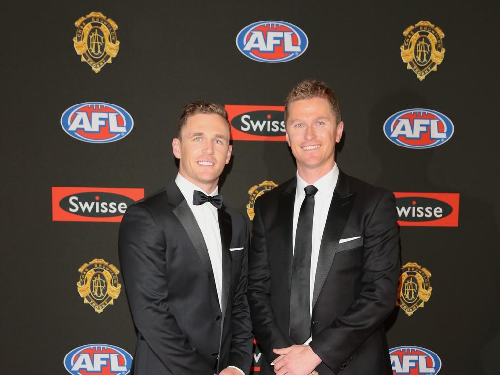 Joel Selwood and Troy Selwood on the red carpet at the 2014 Brownlow Medal. Picture: Alex Coppel
