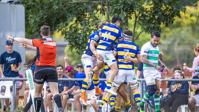 Easts celebrate the first try of the game in the First Grade Rugby Union game between Easts and Sunnybank at Norman Park, Saturday, September 19, 2020 - Picture: Richard Walker