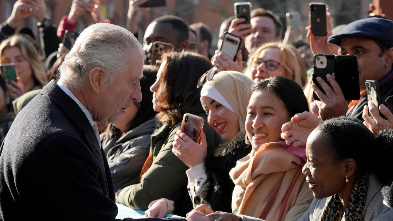 King Charles gave university students a laugh after one asked him an awkward question about Harry during East London visit. Picture: Frank Augstein/AFP