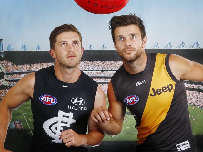 ATTENTION : FOR THURSDAY'S PAPER : Carlton Captain Marc Murphy and Richmond Captain Trent Cotchin ahead of there round 1 AFL season opener on thursday night at the MCG , Melbourne. 17th March 2016 Picture: Colleen Petch.