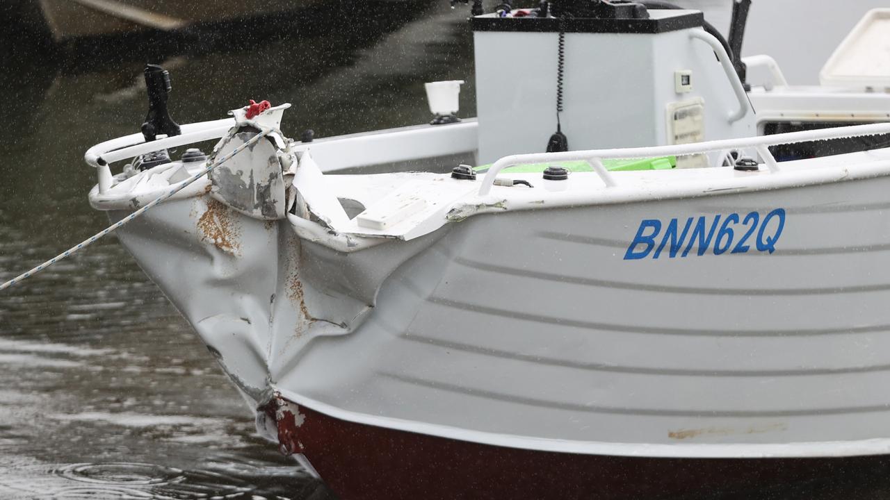 Damage to the front of the tinnie after the incident in the Broadwater on Friday morning. Picture: Nigel Hallett