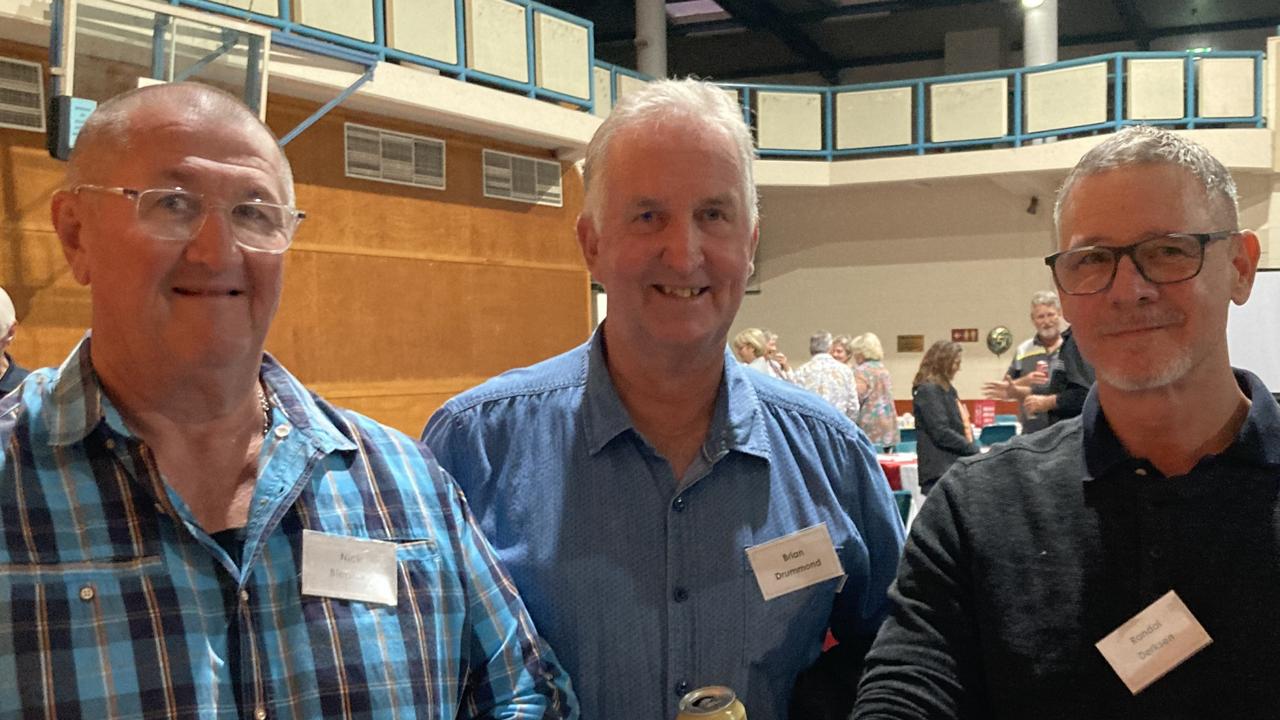 Nick Bleakley, Brian Drummond and Randal Derksen celebrate the 50th anniversary of the Rainbows Rugby League Football Club at its golden jubilee at the Gympie Showgrounds Pavilion on the night of June 3, 2023.