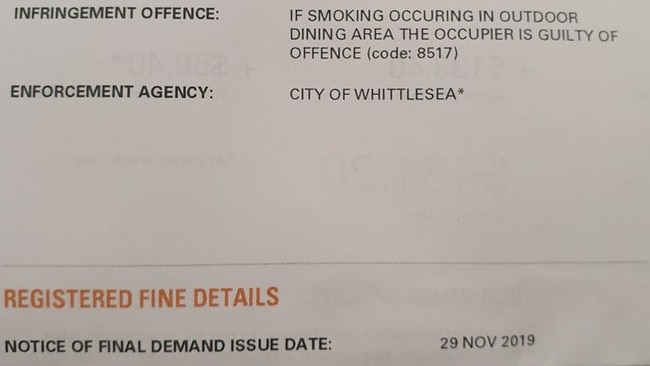 The incorrect fine sent to Kelly Berger, despite the Mill Park woman being a non-smoker.