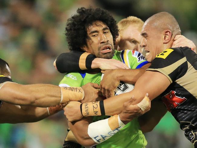 Sia Soliola takes on the Panthers defence in week two of the finals. pic Mark Evans