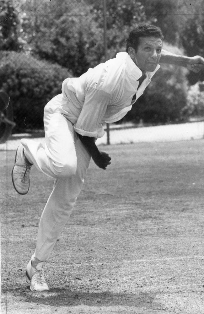 Queensland bowler Malcolm Francke bowling in the Adelaide Oval nets, 12 Dec 1974.