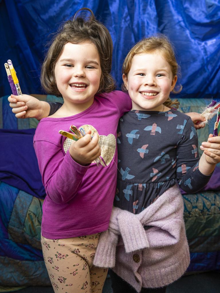 Winifred Delahunty (left) and Evie Keith of Vera Lacaze Kindergarten pre-prep group are ready for primary school, Tuesday, November 30, 2021. Picture: Kevin Farmer