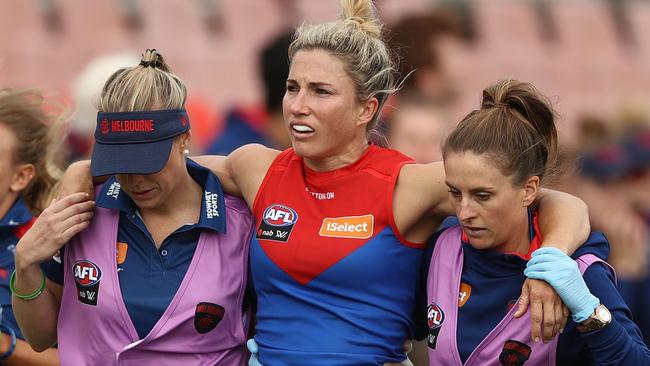 Melissa Hickey is helped from the ground. Picture: Getty Images