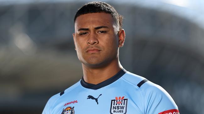 SYDNEY, AUSTRALIA - MAY 28: Haumole Olakau'atu of the Blues poses during a New South Wales Blues State of Origin media opportunity at NSWRL Centre of Excellence on May 28, 2024 in Sydney, Australia. (Photo by Matt King/Getty Images)