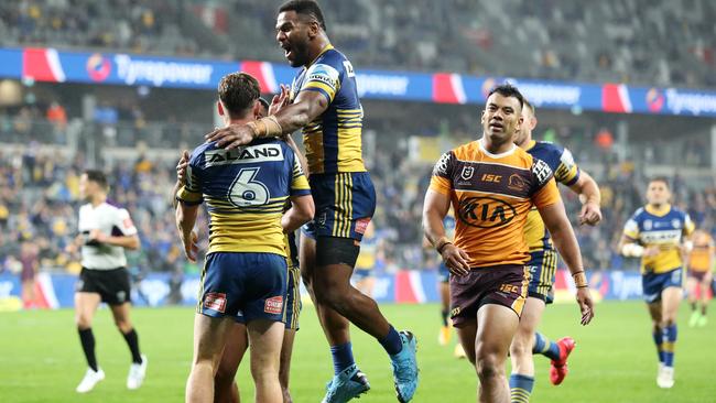 Maika Sivo celebrates with Jai Field after a try for the Eels Picture: Getty Images