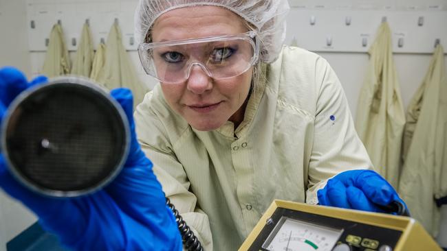 Health physics surveyor Sandra Hogan monitors radiation at Lucas Heights.