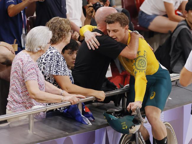 Australian Matthew Richardson hugs his family after being beaten in the final but winning silver medal at the 2024 Olympics. Picture: Michael Klein