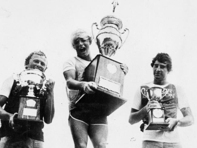 Early days: Cheyne Horan (centre) holds the trophy after winning the Brazil International event in 1978.