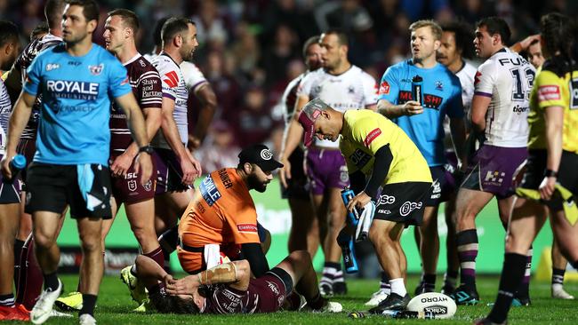 Jack Gosiewski was also injured in Manly’s loss to Melbourne. Picture: Getty Images