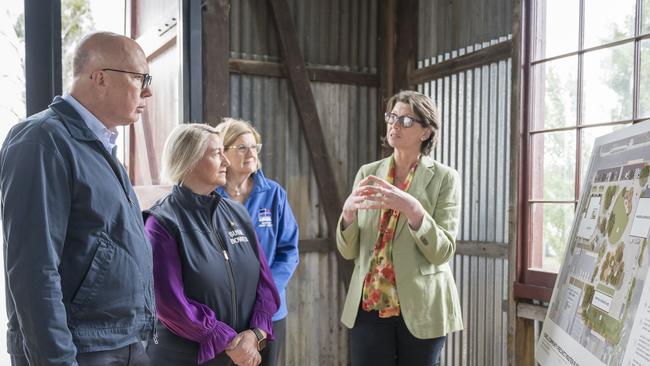 Hon Peter Dutton MP, Susie Bower, Senator Wendy Askew and Sorrell Mayor Janet Gatehouse viewing Sorell Community Cultural Precinct concept plans at Sorell Mens Shed. Picture: Caroline Tan