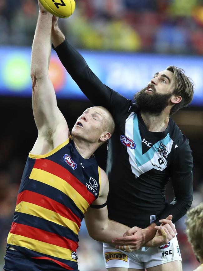 Sam Jacobs rucks against Justin Westhoff. Picture: Sarah Reed