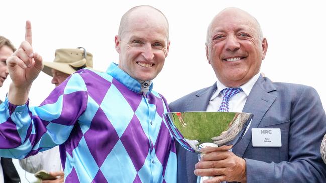 Pride Of Jenni’s owner Tony Ottobre (right) and jockey Craig Newitt celebrate their Peter Young Stakes success at Caulfield earlier this month. Picture: George Sal / Racing Photos