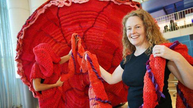 Rebecca Van Dyk installed the world's biggest placenta at the Geelong Library. Picture: Alan Barber