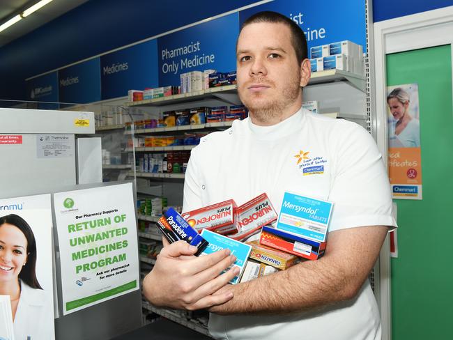 Pharmacist Sam Keitaanpaa with some of the medications that are now prescription only. Picture: Katrina Bridgeford.