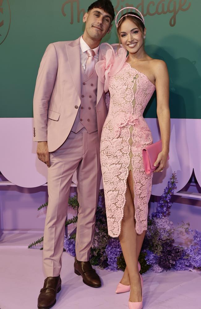 Paul Versace and Olivia Molly Rogers pose for a photo during 2023 Oaks Day at Flemington Racecourse. Picture: Sam Tabone/Getty Images