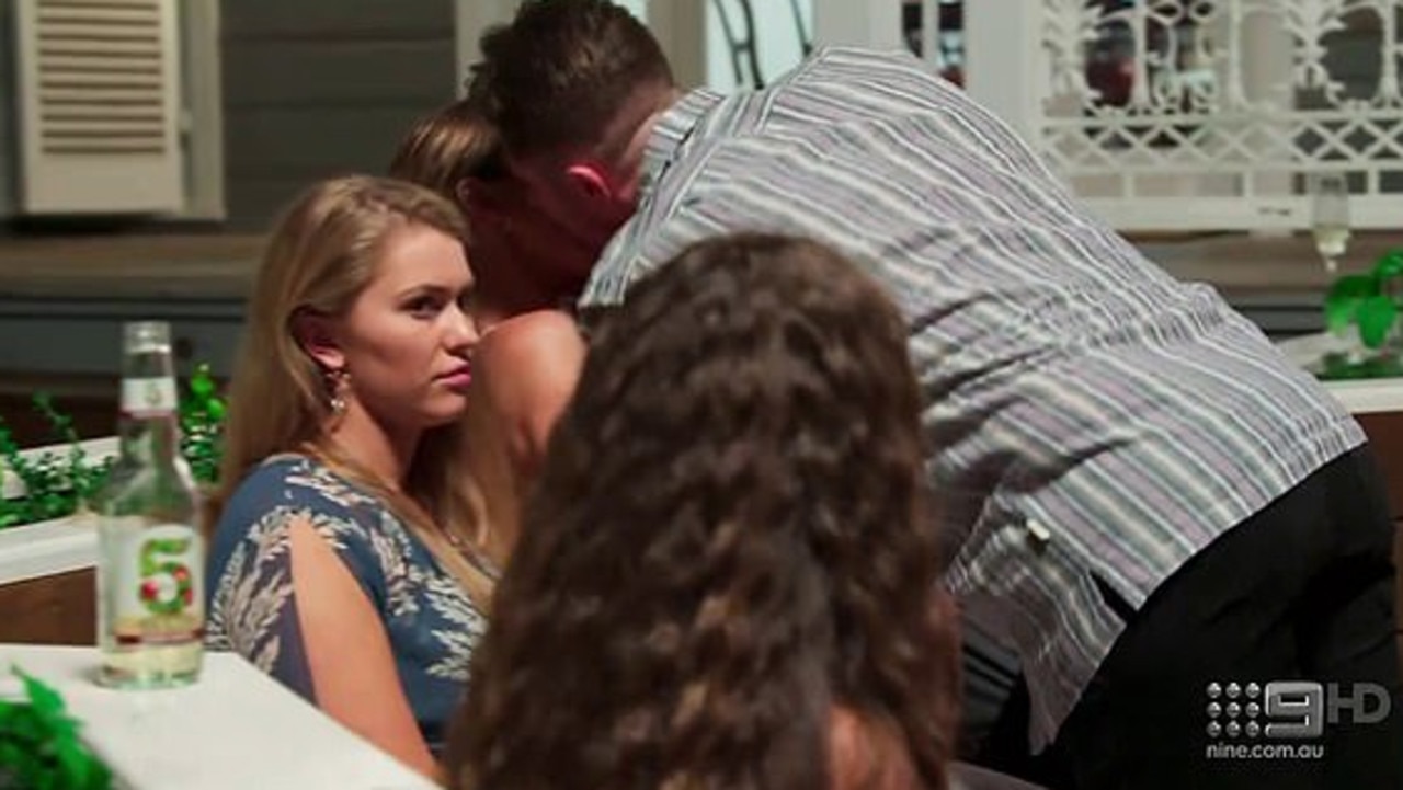 Bryce had planted the kiss on Bec moments after insulting her. Picture: Channel 9