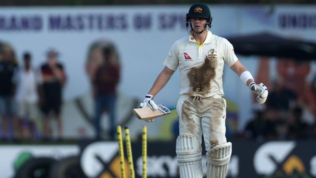 Steve Smith wasn’t happy with Usman Khawaja after being run out. Picture: Buddhika Weerasinghe/Getty Images