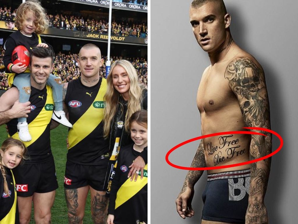 Trent Cotchin with his family and Dustin Martin and (right), the infamous tattoo. Photos: Michael Klein and supplied.