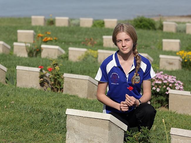 Honouring a Cairns’ descendant ... ... Jade Davies, 16, at Aru Burnu Cemetery, Anzac Cove. Picture: Ella Pellegrini