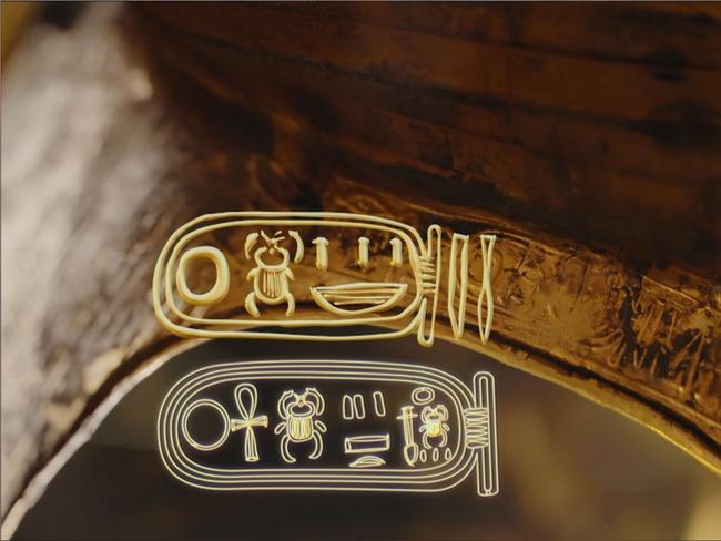 Inside the burial mask is an inscription. Tut’s name has been engraved on top of another. Screen capture: King Tut: Forgotten Treasure