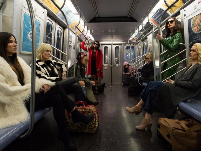 A scene from Ocean's 8, starring an all female cast including Sandra Bullock, Cate Blanchett, Rihanna, Mindy Kaling and Anne Hathaway.