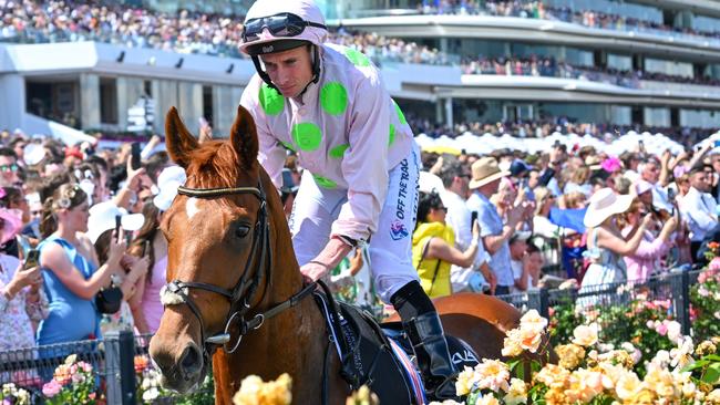 MELBOURNE, AUSTRALIA - NOVEMBER 07: Ryan Moore riding Vauban before unplaced finish in Race 7, the Lexus Melbourne Cup,  during Melbourne Cup Day at Flemington Racecourse on November 07, 2023 in Melbourne, Australia. (Photo by Vince Caligiuri/Getty Images)