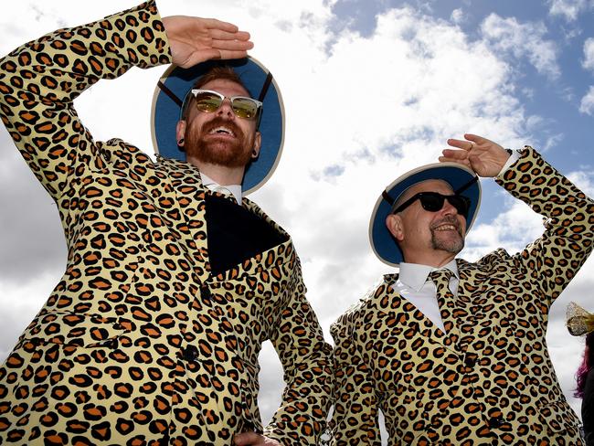 Thomas and Steve Inman sport matching leopard print suits. Picture: Nicole Garmston