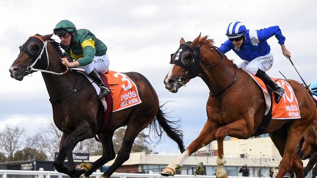 Aysar finishing second behind Ole Kirk in the Caulfield Guineas. Picture: Racing Photos via Getty Images