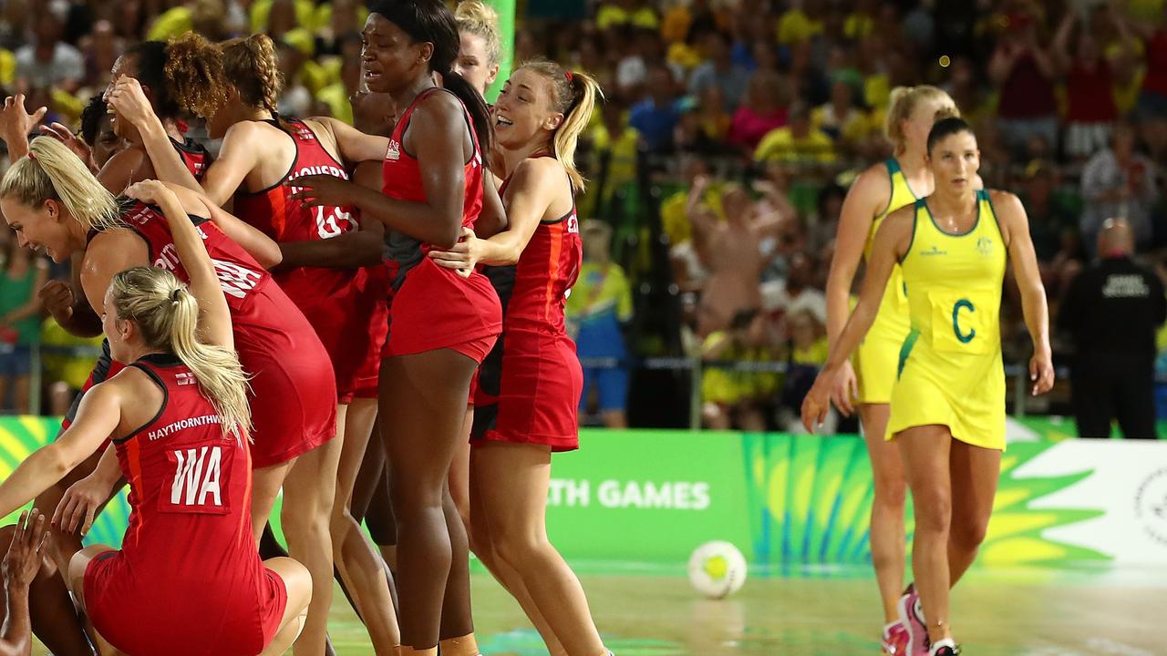 England celebrate after winning netball gold against Australia at the Gold Coast in 2018. Picture: Getty Images