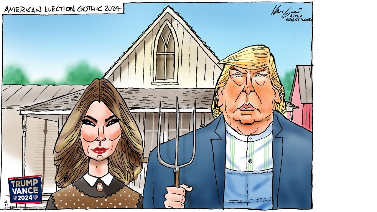 Herald Sun cartoonist Mark Knight's American Election Gothic cartoon pays homage to Grant Wood’s classic 1930 painting American Gothic and comes as Iowa and the American Midwest helped Donald Trump claim a resounding victory in the US presidential election. Picture: Mark Knight