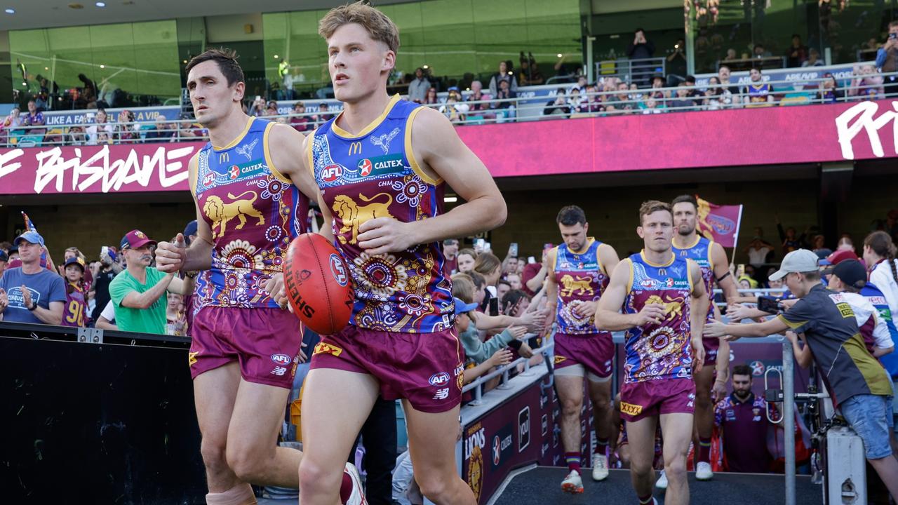 Jaspa Fletcher of the Lions enters the field during the Round 17 match between the Brisbane Lions and the West Coast Eagles at The Gabba on July 8.