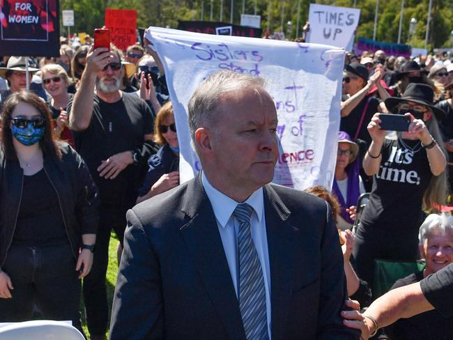 CANBERRA, AUSTRALIA - MARCH 15: Leader of the Opposition Anthony Albanese is seen outside Parliament House on March 15, 2021 in Canberra, Australia. Thousands are expected at Ã¢â¬ÅMarch 4 JusticeÃ¢â¬Â rallies across Australia calling for  action against gendered violence in Parliament as news of the alleged rape of former Brittany Higgins at Parliament House and allegations that Attorney-General Christian Porter raped a 16-year-old gear when he was 17 in 1988 continue to cause outrage. (Photo by Sam Mooy/Getty Images)