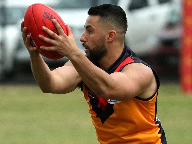 EDFL footy Tullamarine v East Keilor: Fabian Brancatisano of East Keilor takes the ballSaturday, April 24, 2021, in Oak Park, Victoria, Australia. Picture: Hamish Blair