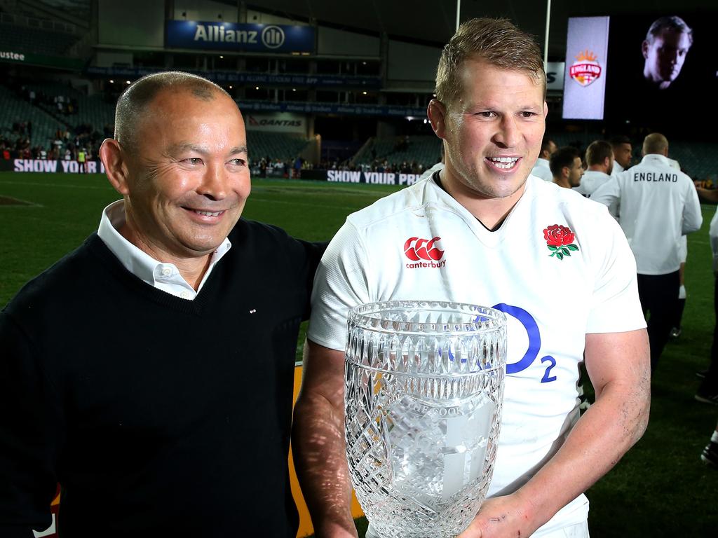 Jones and England captain Dylan Hartley after the third Test in Sydney. Picture: David Rogers/Getty Images