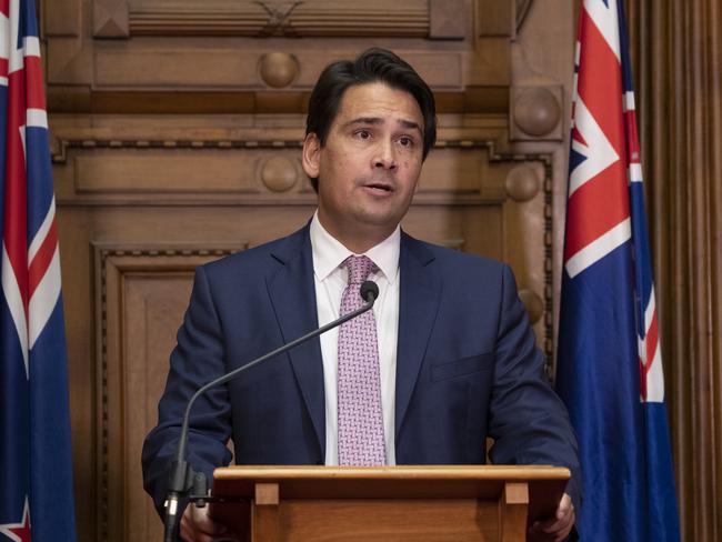 WELLINGTON, NEW ZEALAND - MAY 11: National leader Simon Bridges during his media conference after Prime Minister Jacinda Ardern announced the country will drop to COVID-19 Alert Level 2 on May 11, 2020 in Wellington, New Zealand. Prime Minister Jacinda Ardern has announced New Zealand will move to COVID-19 Alert Level 2 in three stages starting from Thursday 14 May. Restaurants, cinemas, retail, playgrounds and gyms will be able to reopen with physical distancing and strict hygiene measures in place from Thursday, with domestic travel to also resume.Gatherings will be limited to 10 people and bookings for restaurants will not be allowed for groups larger than 10. Schools and early childhood centres will open from Monday 18 May while bars will be allowed to reopen from Thursday 21 May.New Zealand is current under COVID-19 Alert Level 3 restrictions, after the country was placed under full lockdown on March 26 in response to the coronavirus (COVID-19) pandemic. (Photo by Mark Mitchell - Pool/Getty Images)