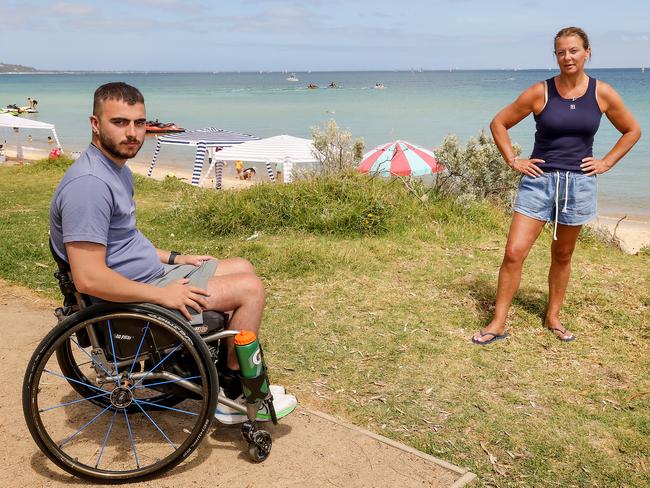 Vivian Jankovski and her son Ben are pushing for wheelchair access at Safety Beach. Picture: Ian Currie